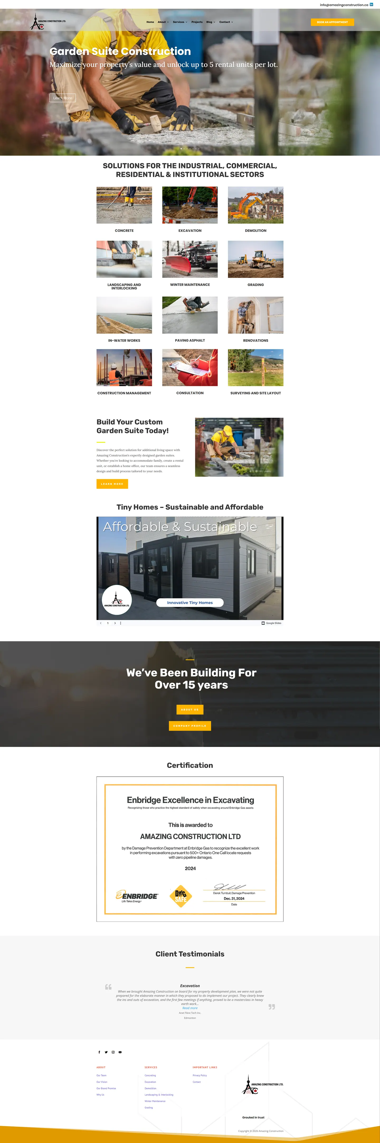 Full-length desktop screenshot of the Amazing Construction Ltd website