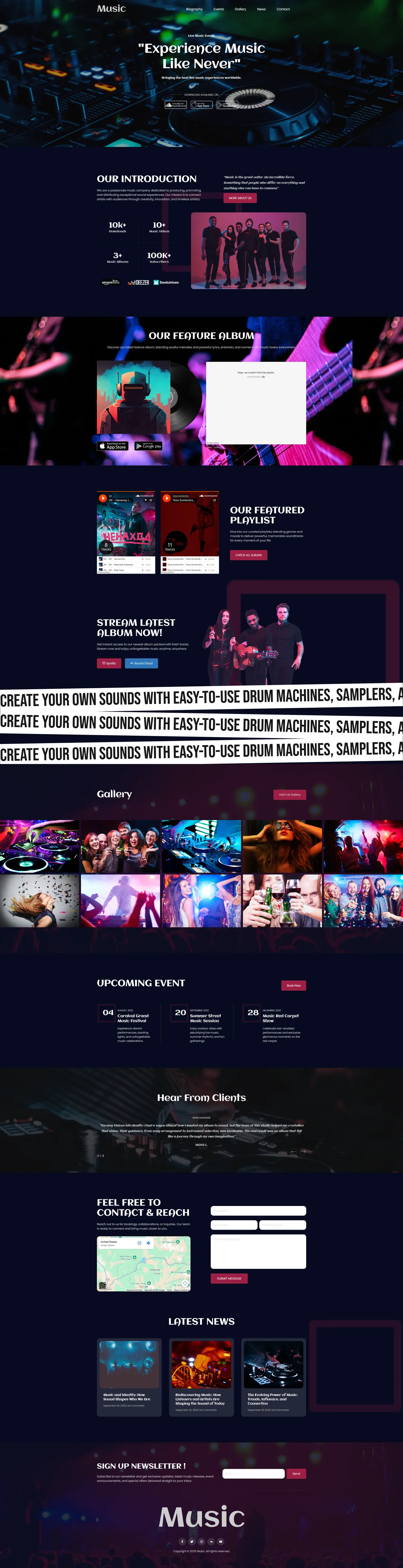 Full-length desktop screenshot of the Anew Music website