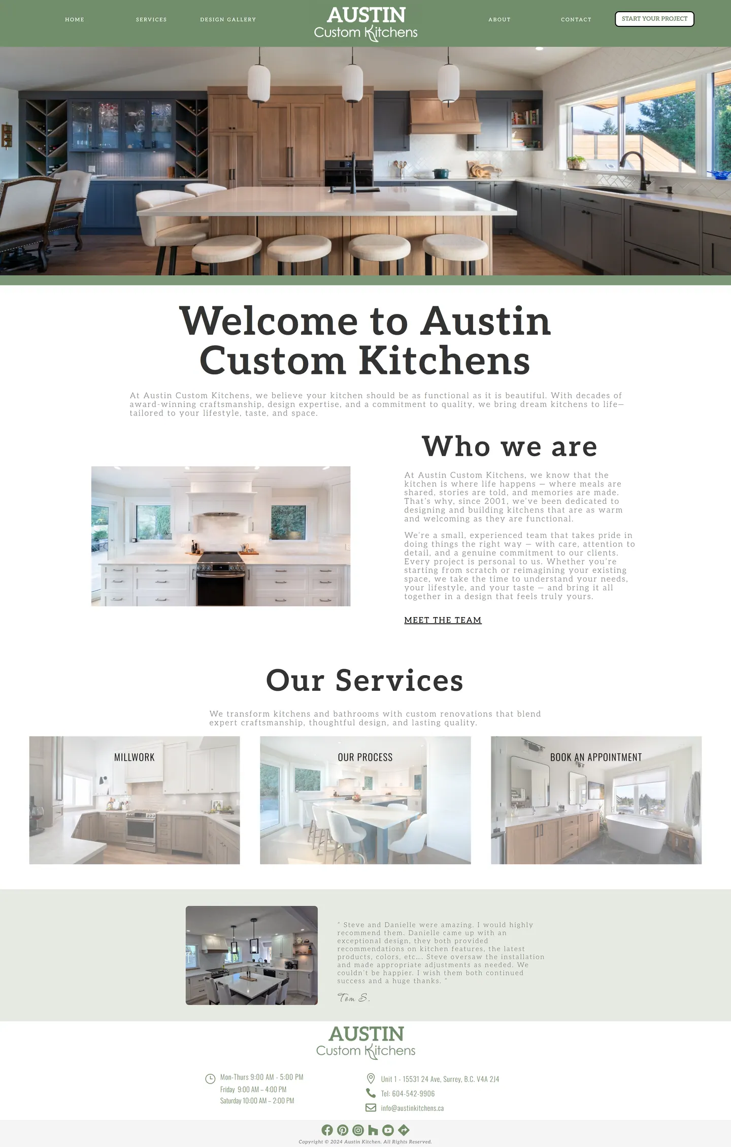 Full-length desktop screenshot of the Austin Custom Kitchens website