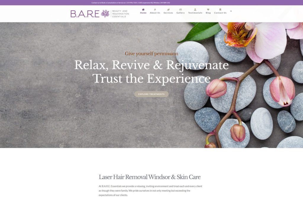 B.A.R.E. Essentials Spa website homepage design
