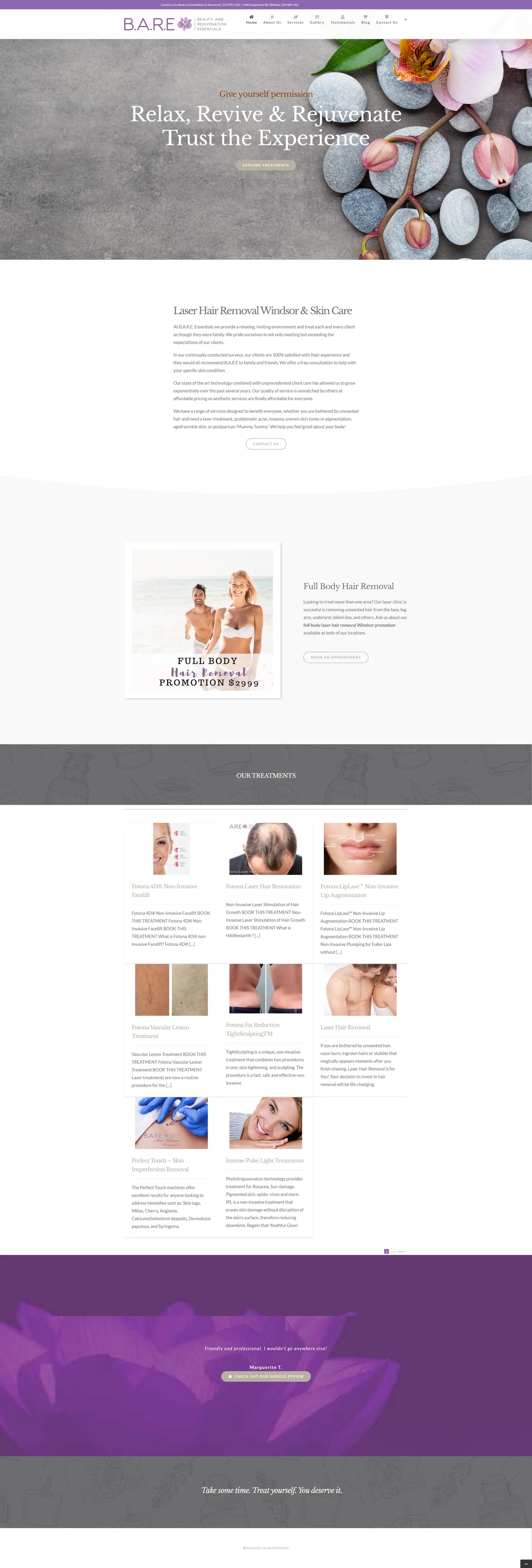 Full-length desktop screenshot of the B.A.R.E. Essentials Spa website