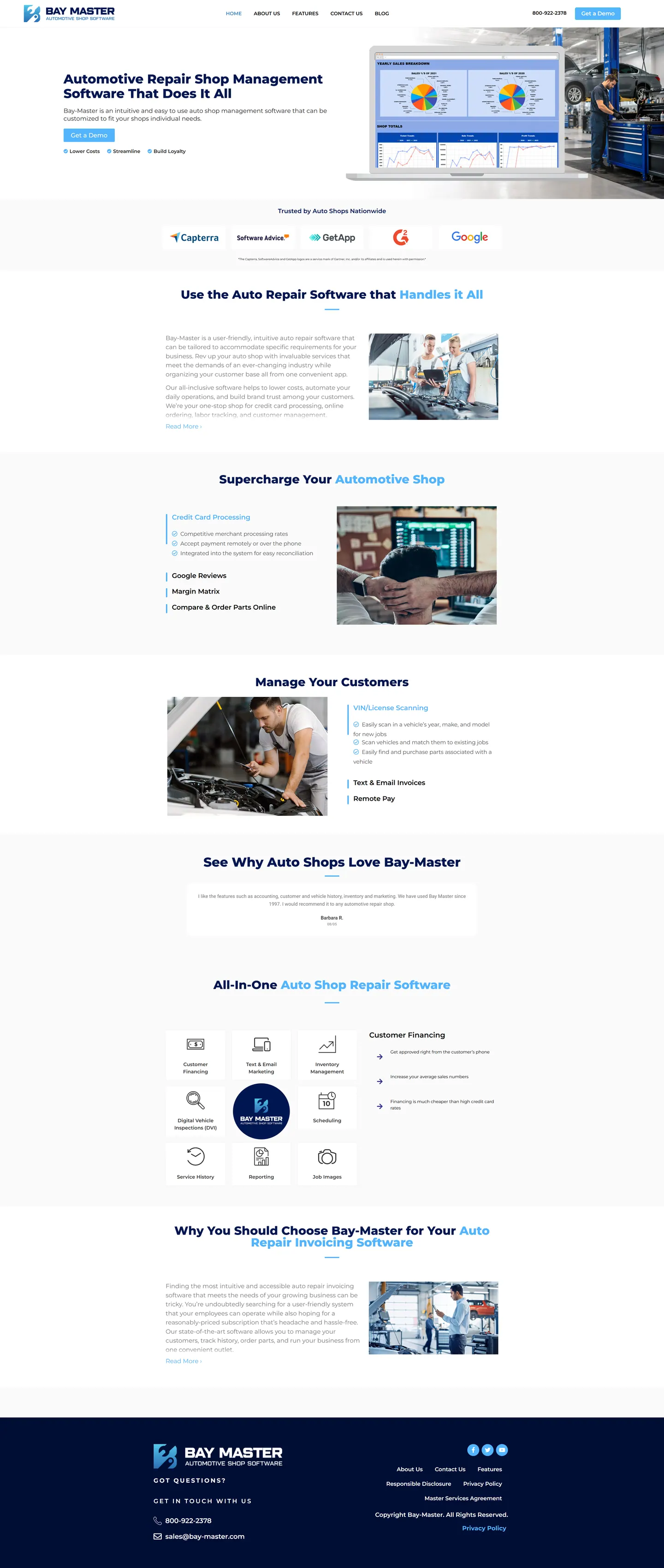 Full-length desktop screenshot of the Bay Master Automotive Shop website