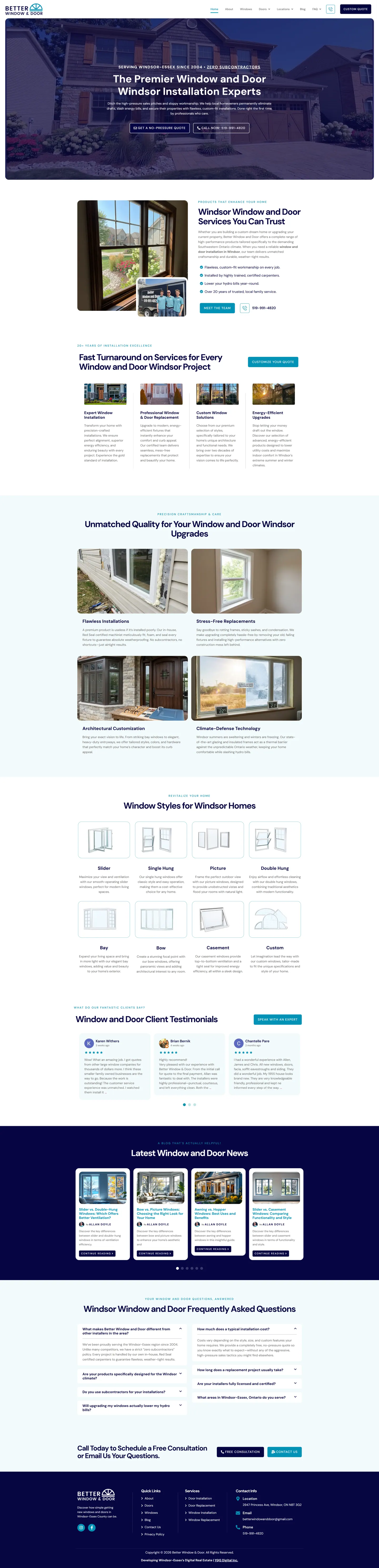 Full-length desktop screenshot of the Better Window & Door website
