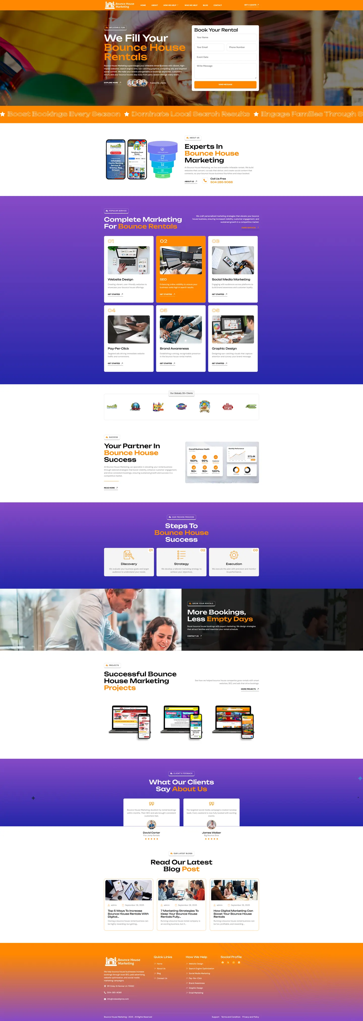 Full-length desktop screenshot of the Bounce House Marketing website