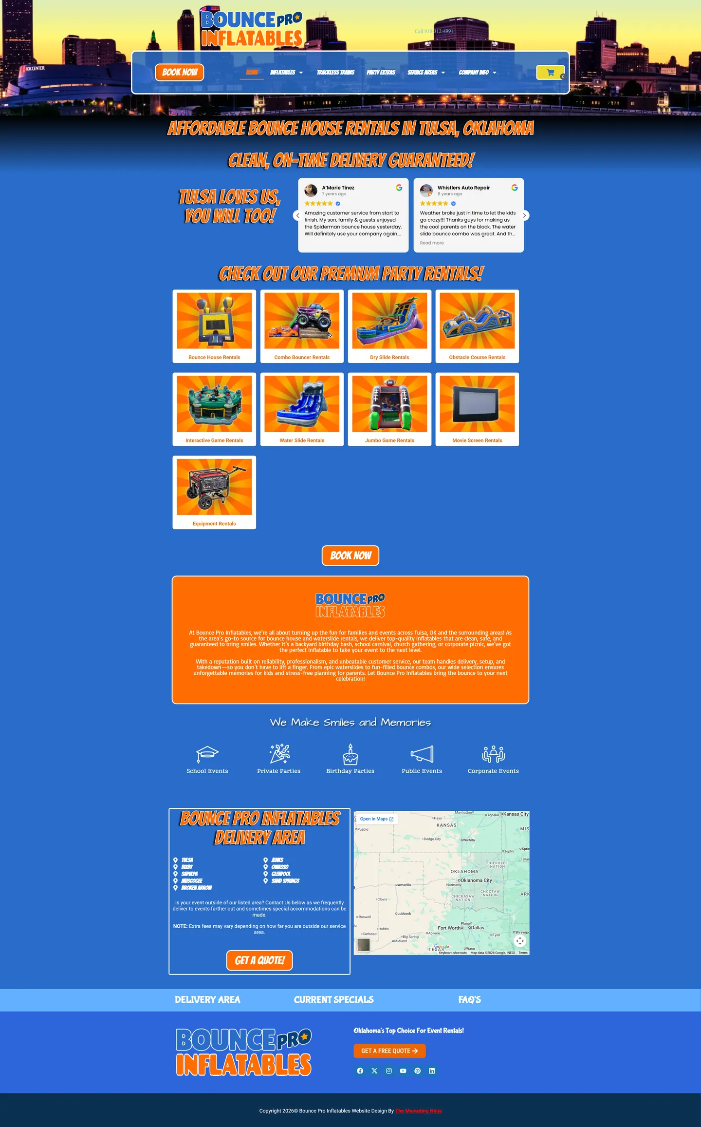 Full-length desktop screenshot of the Bounce Pro Inflatables website