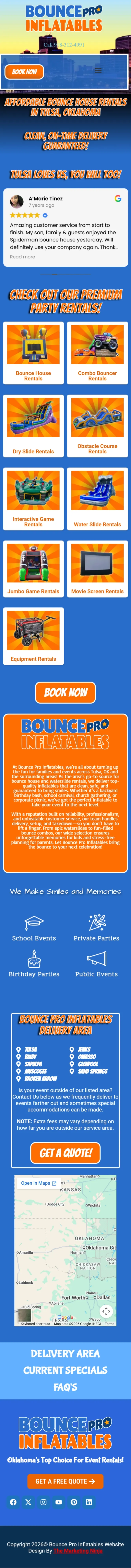 Full-length mobile screenshot of the Bounce Pro Inflatables website