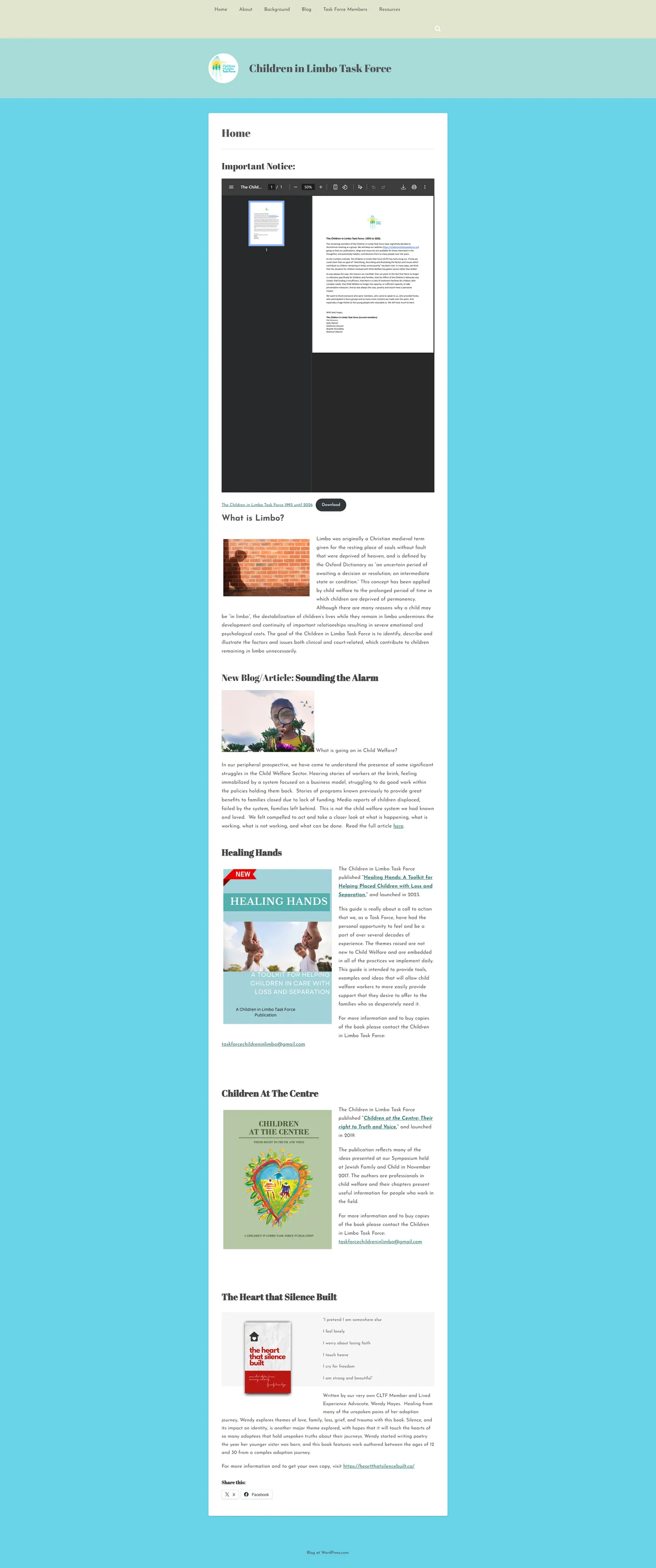 Full-length desktop screenshot of the Children in Limbo Task Force website