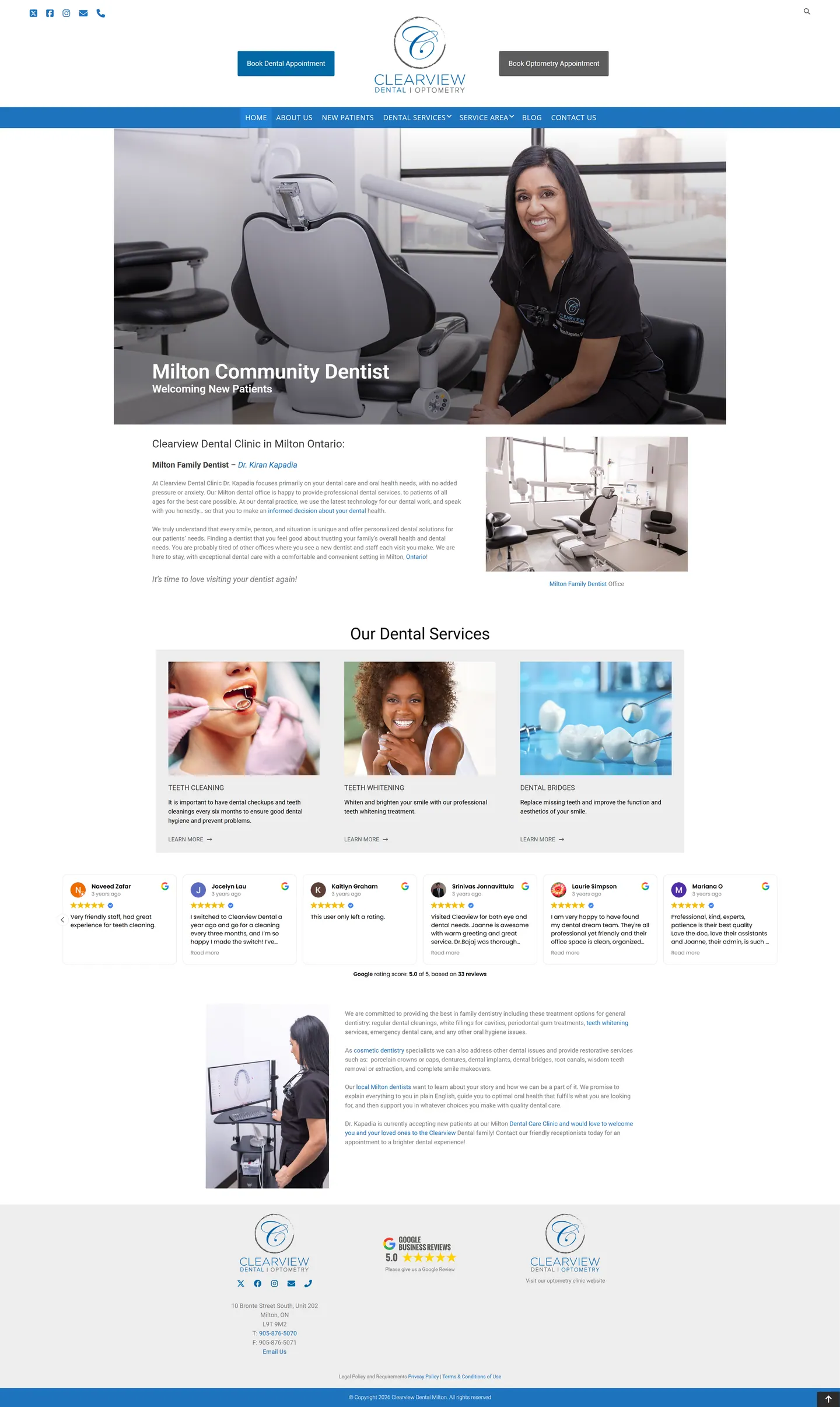 Full-length desktop screenshot of the Clearview Dental Optometry website