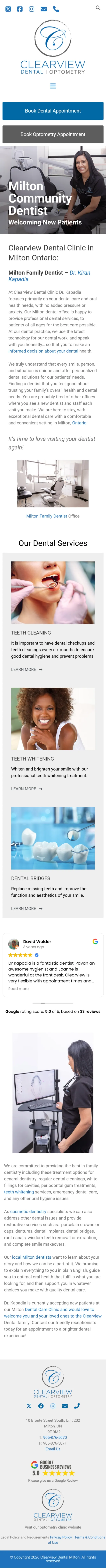 Full-length mobile screenshot of the Clearview Dental Optometry website