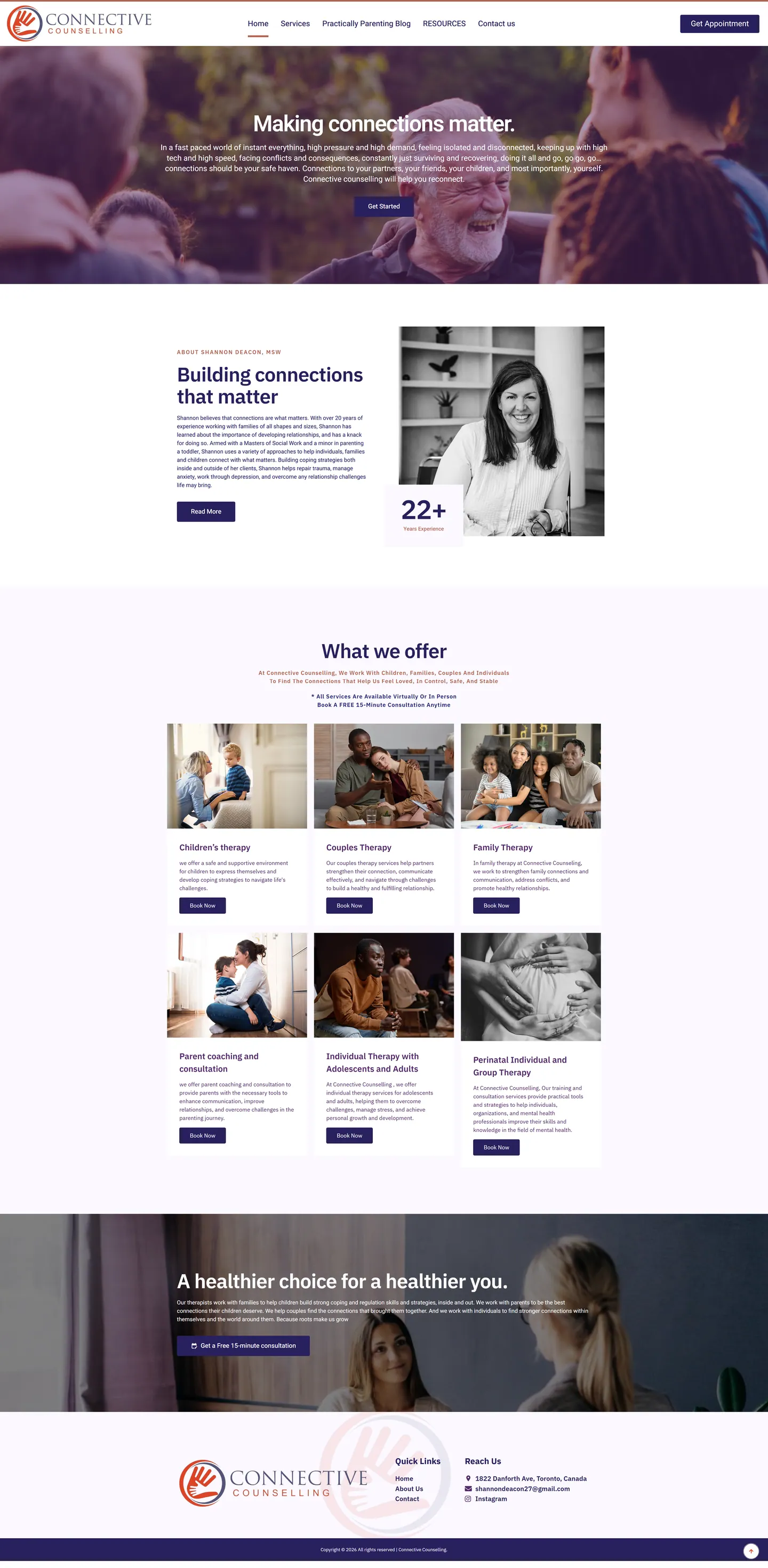 Full-length desktop screenshot of the Connective Counselling website