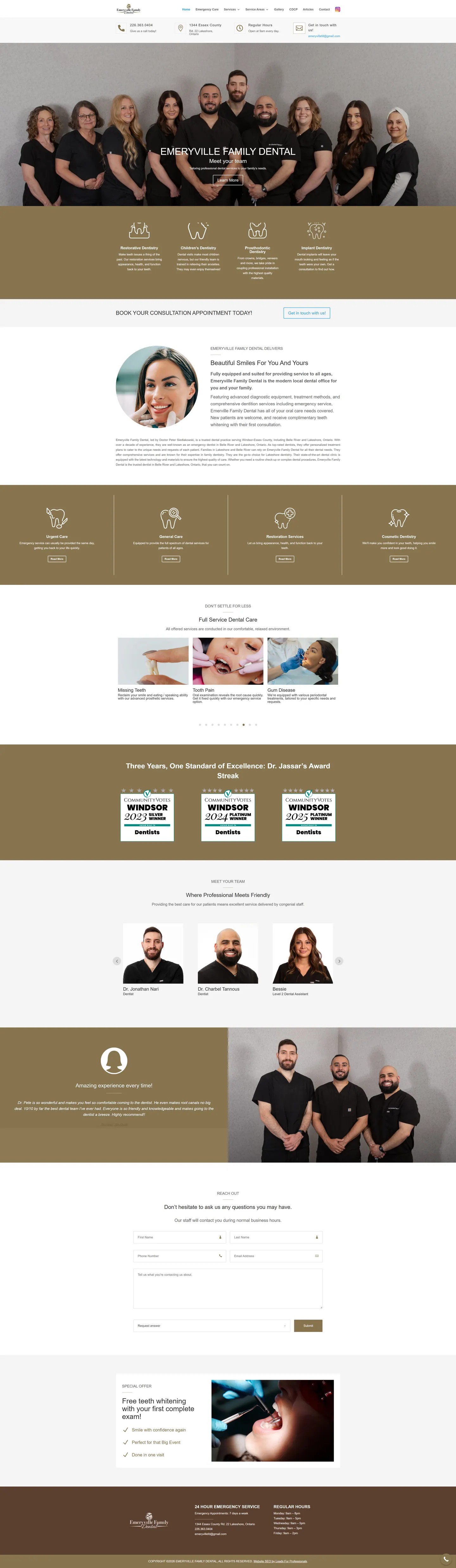 Full-length desktop screenshot of the Emeryville Family Dental website