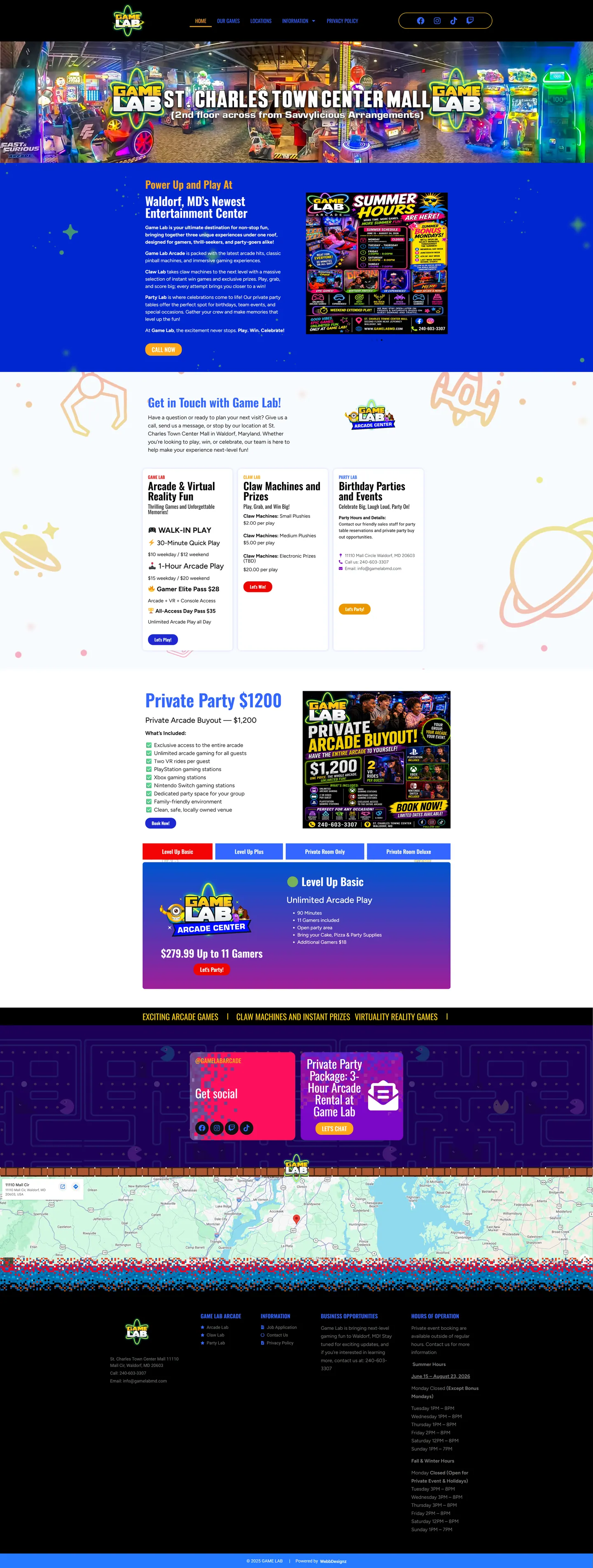 Full-length desktop screenshot of the Game Lab Waldorf website