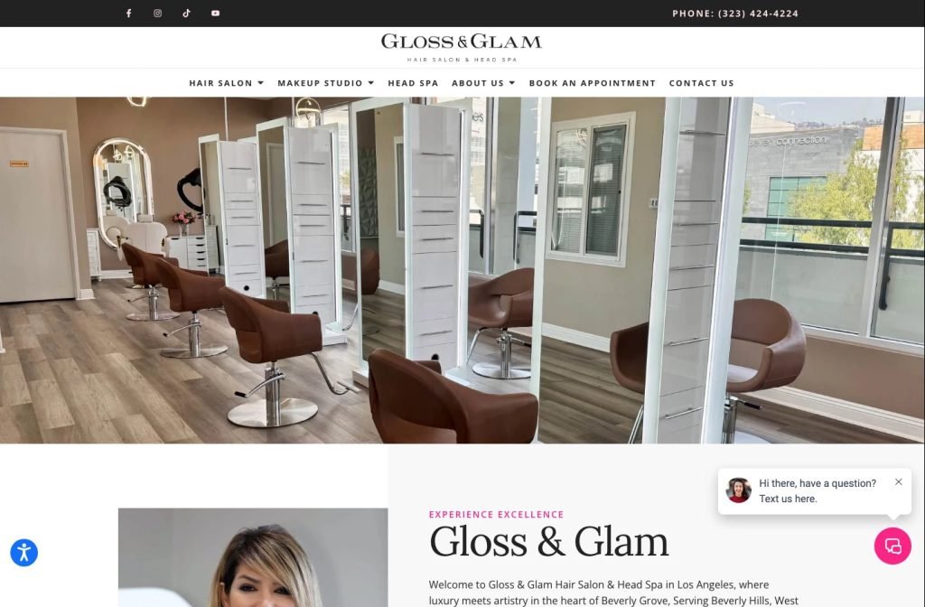 Gloss & Glam Hair Salon & Head Spa website homepage design