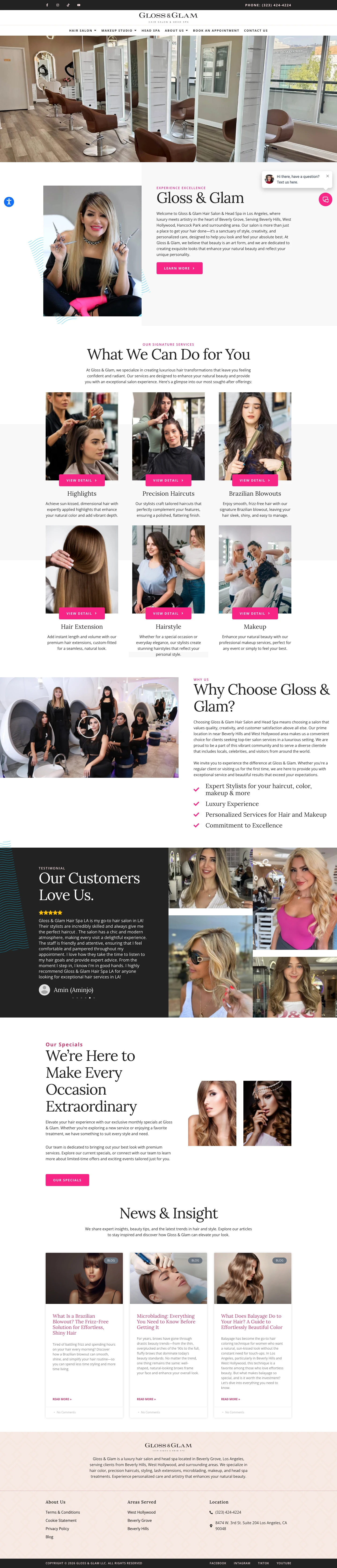 Full-length desktop screenshot of the Gloss & Glam Hair Salon & Head Spa website