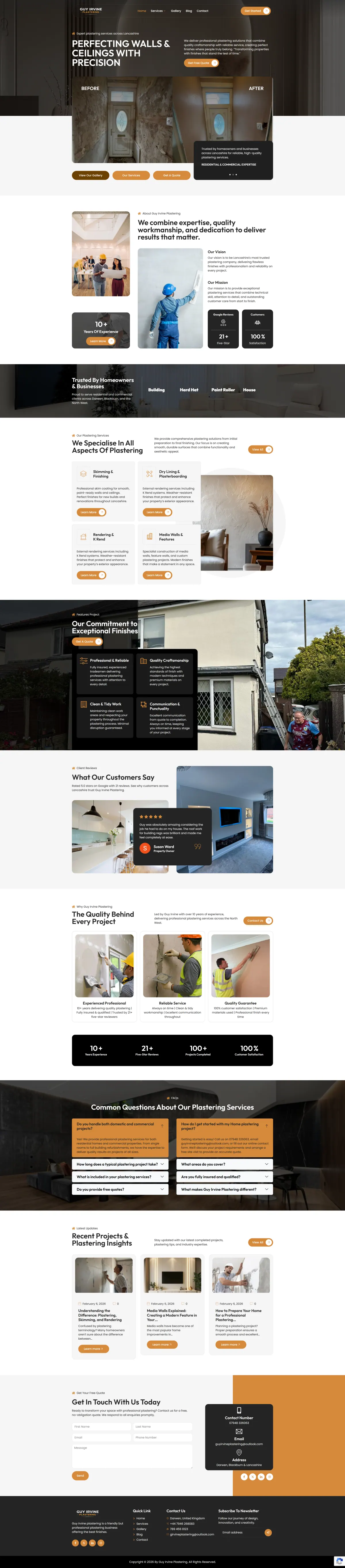 Full-length desktop screenshot of the Guy Irvine Plastering website