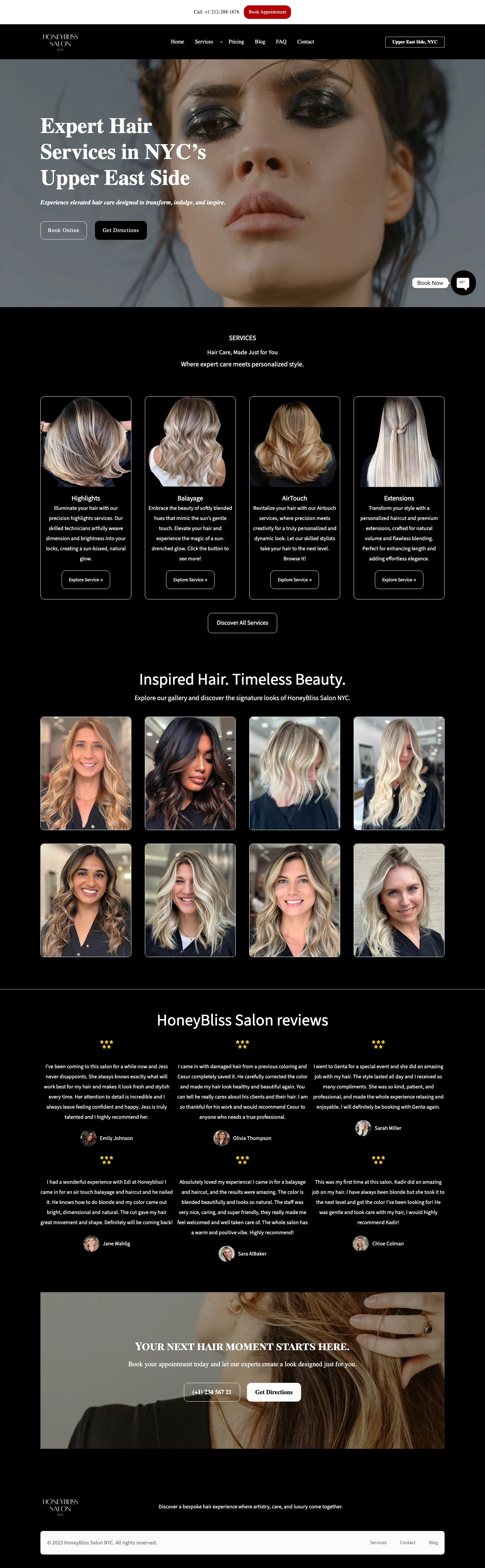 Full-length desktop screenshot of the HoneyBliss Salon website