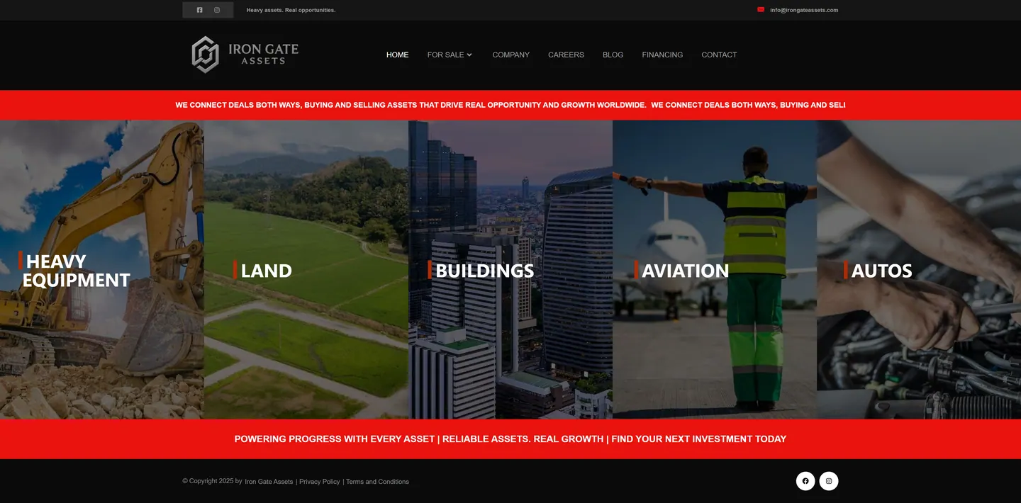 Full-length desktop screenshot of the Iron Gate Assets website