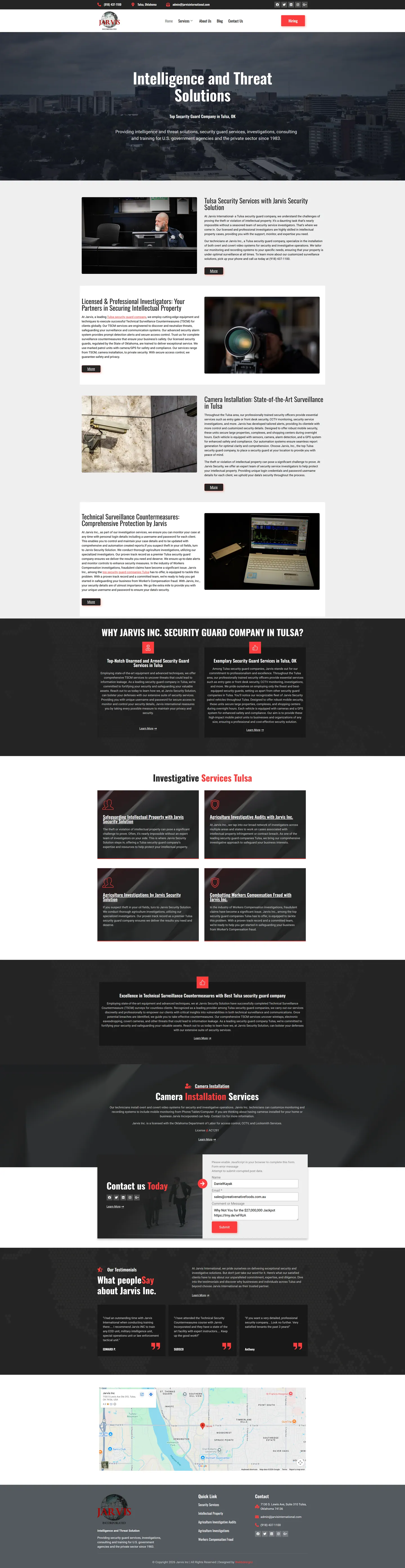 Full-length desktop screenshot of the Jarvis International website