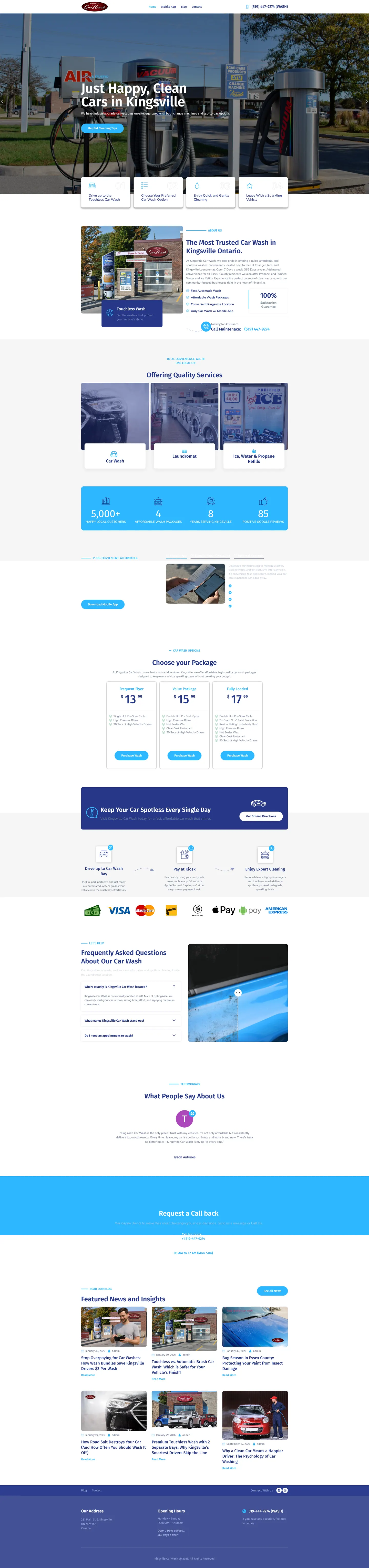 Full-length desktop screenshot of the Kingsville Car Wash website