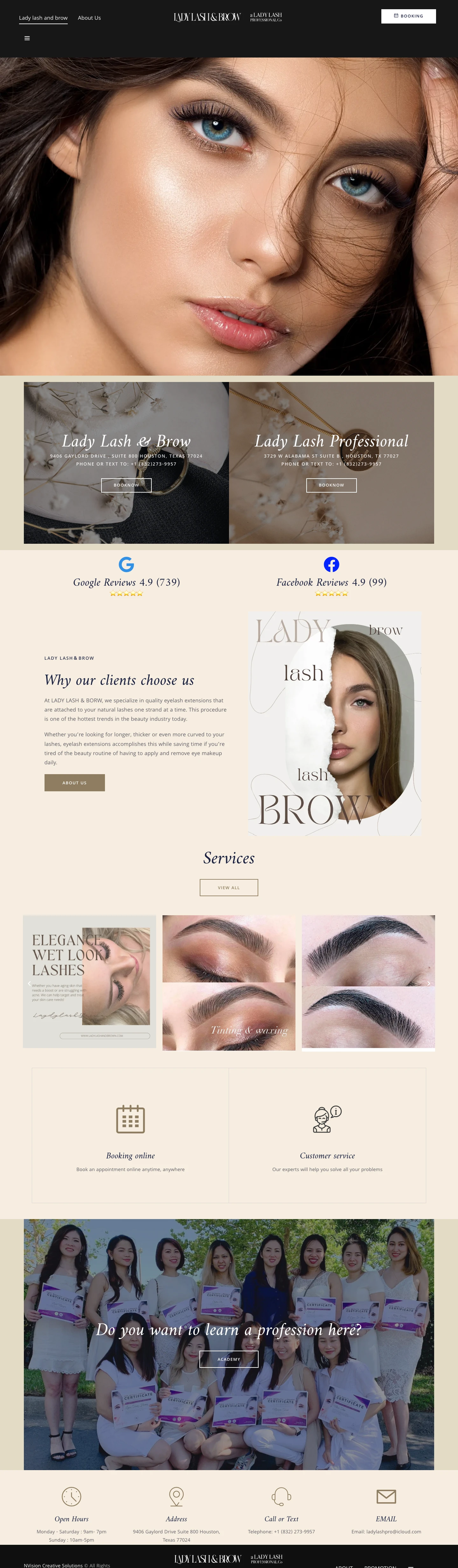 Full-length desktop screenshot of the Lady Lash & Brow website