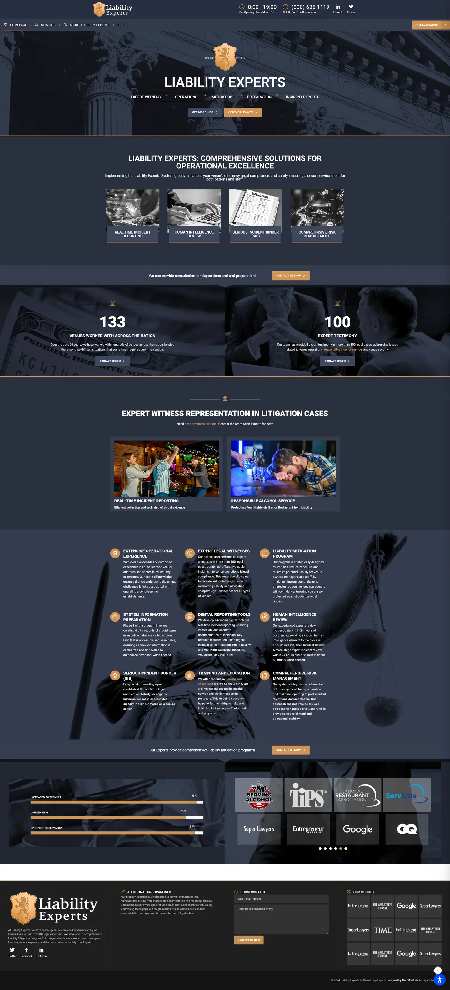 Full-length desktop screenshot of the Liability Experts website