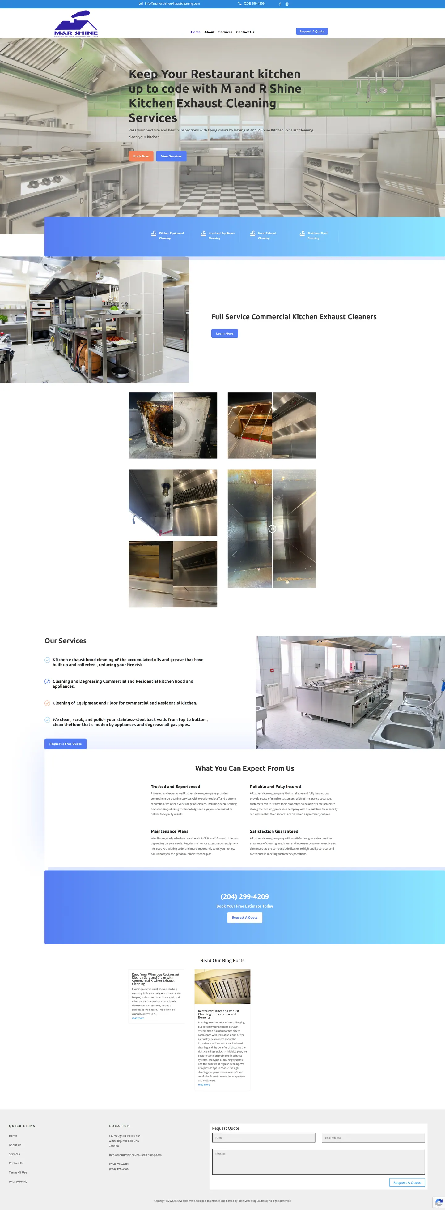Full-length desktop screenshot of the M and R Shine website