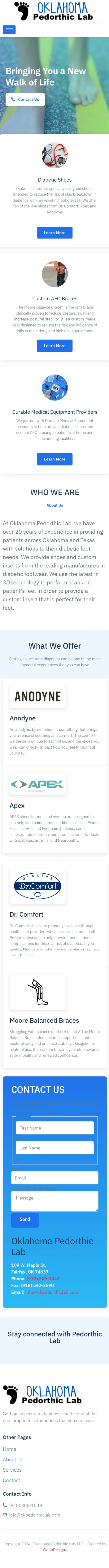 Full-length mobile screenshot of the Oklahoma Pedorthics Lab website