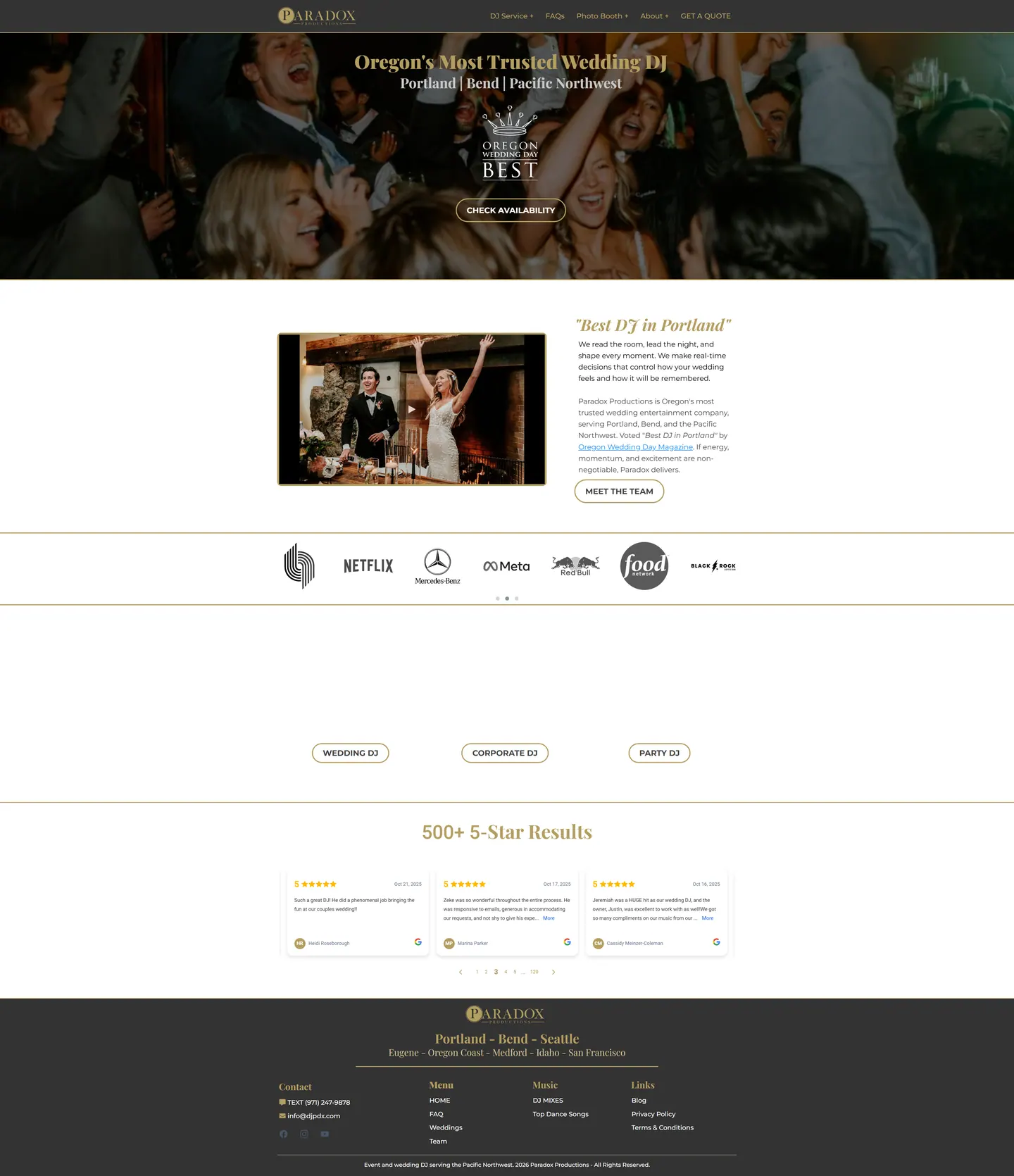Full-length desktop screenshot of the Paradox Productions website