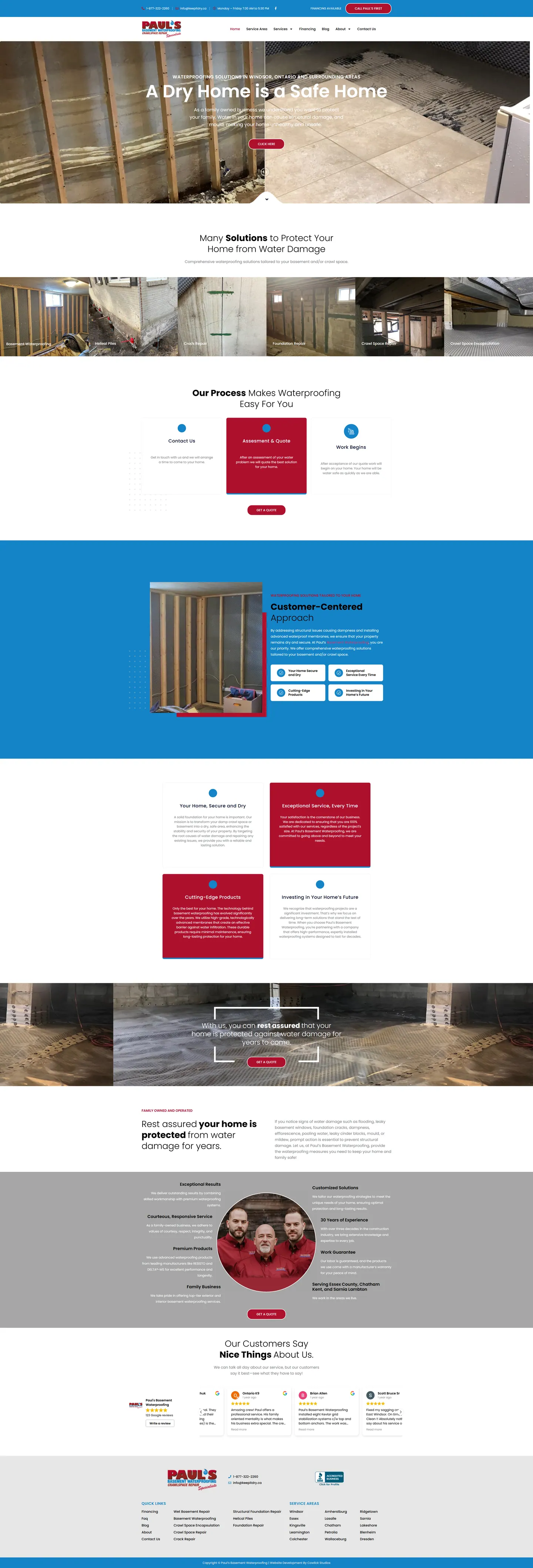 Full-length desktop screenshot of the Paul’s Basement Waterproofing website