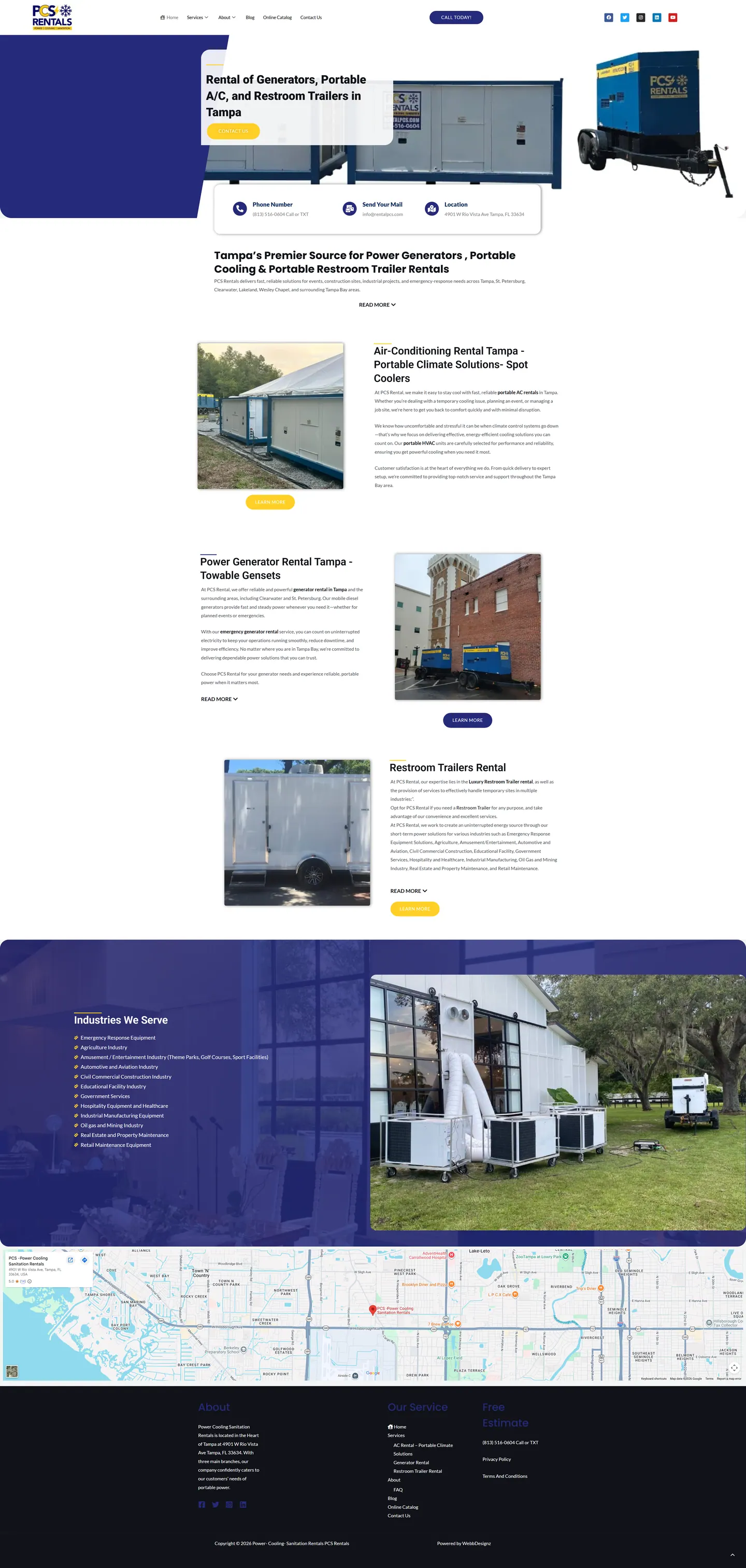 Full-length desktop screenshot of the PCS Rental website