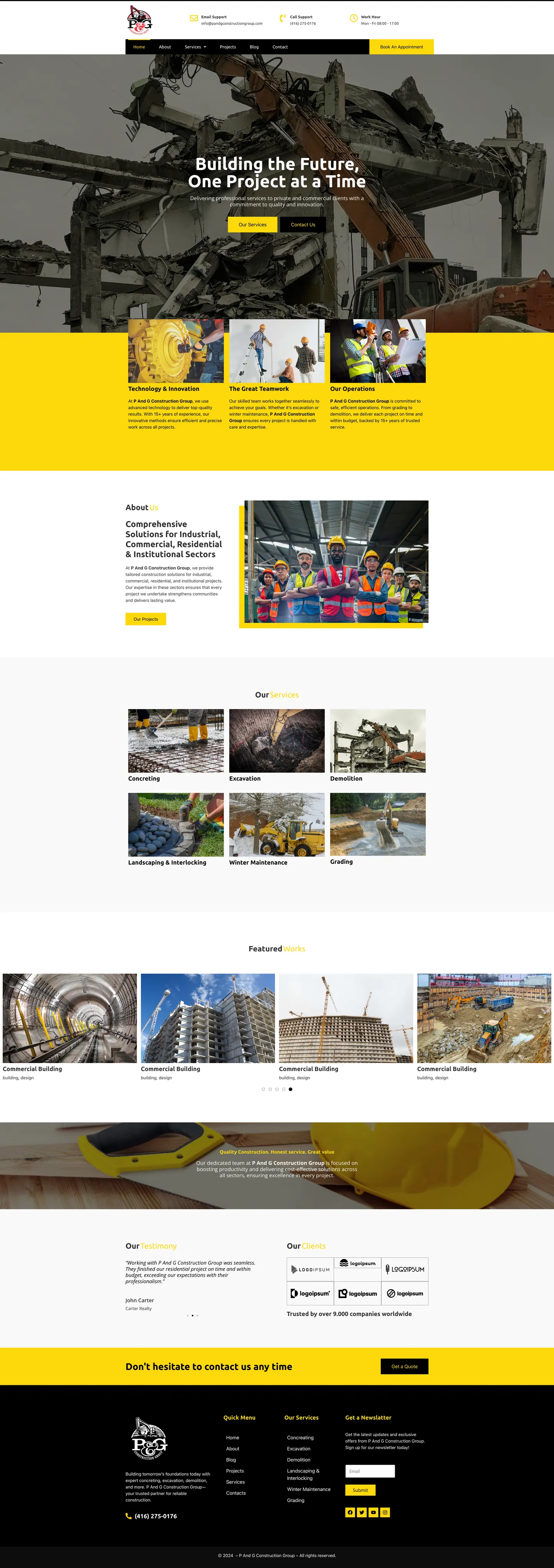 Full-length desktop screenshot of the P&G Construction Group website