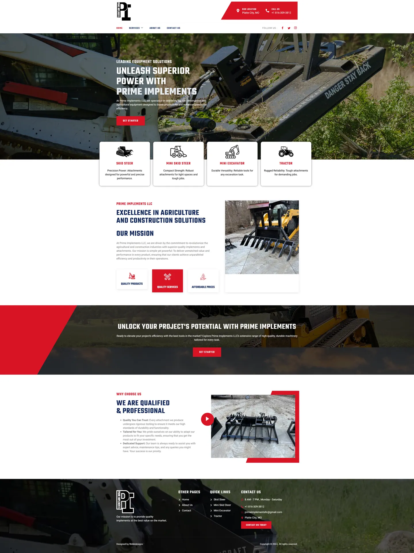 Full-length desktop screenshot of the Prime Implements website