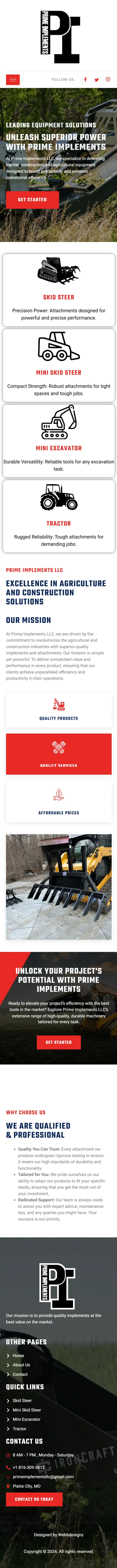 Full-length mobile screenshot of the Prime Implements website