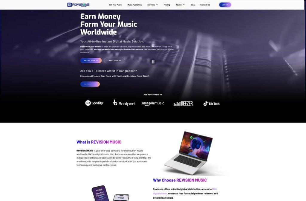Revisions Music website homepage design