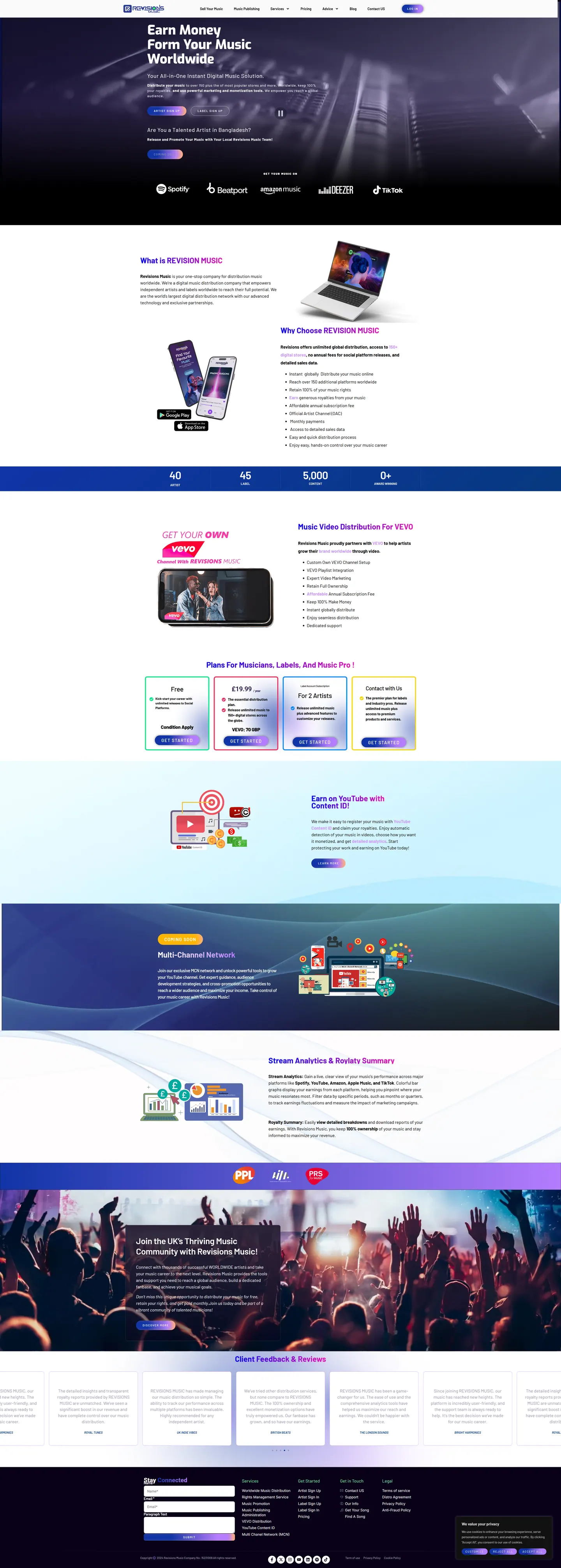 Full-length desktop screenshot of the Revisions Music website