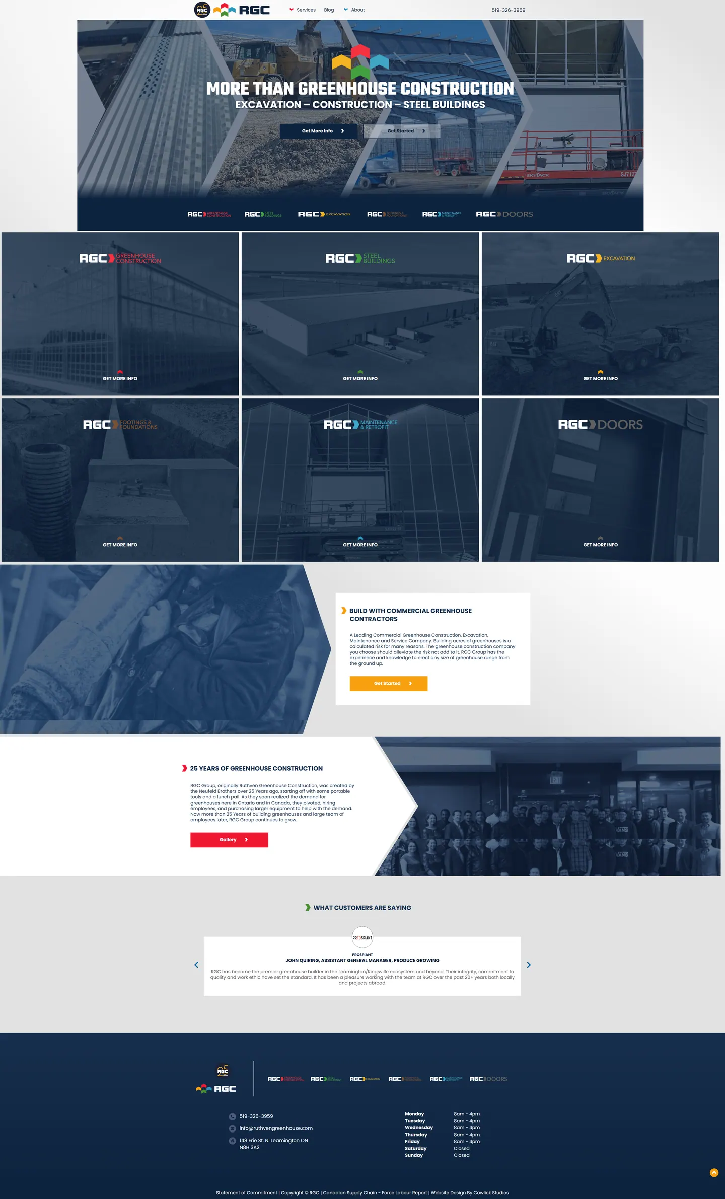 Full-length desktop screenshot of the RGC Greenhouse Construction website
