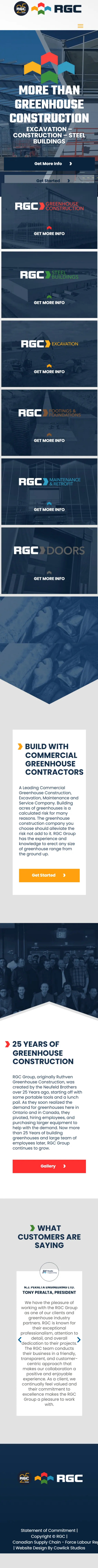 Full-length mobile screenshot of the RGC Greenhouse Construction website