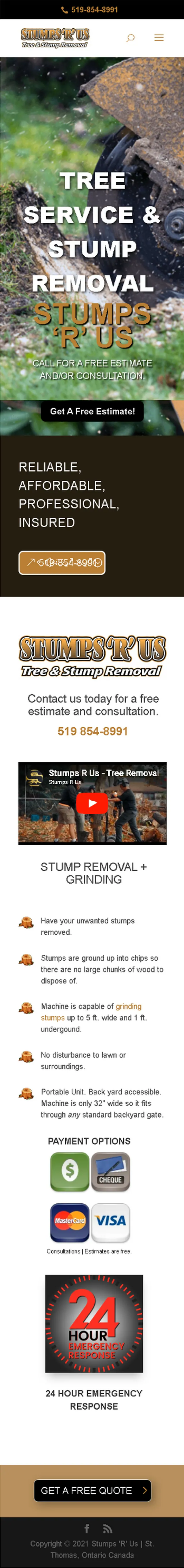 Full-length mobile screenshot of the Stumps ‘R’ Us website