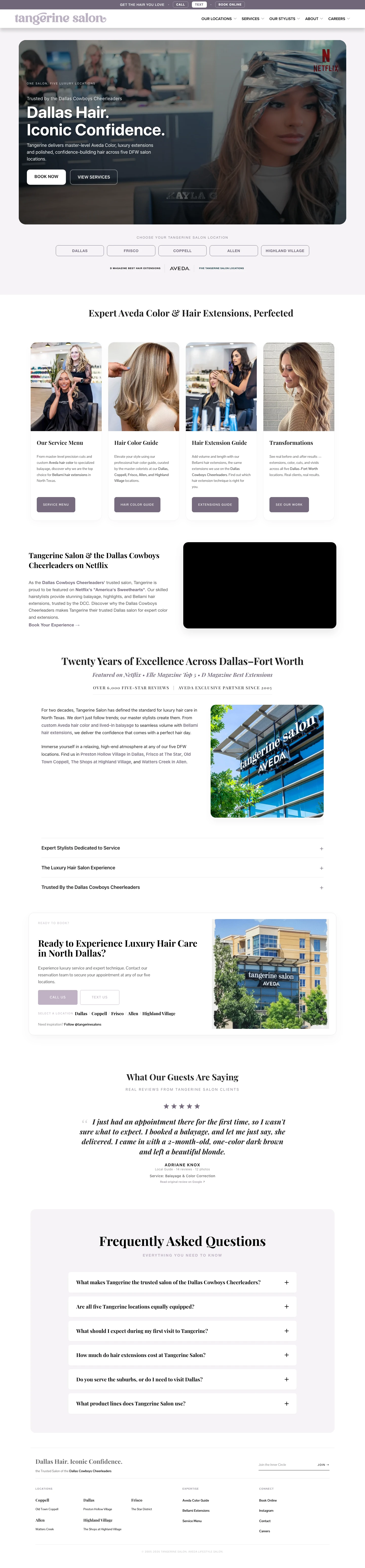 Full-length desktop screenshot of the Tangerine Salon website