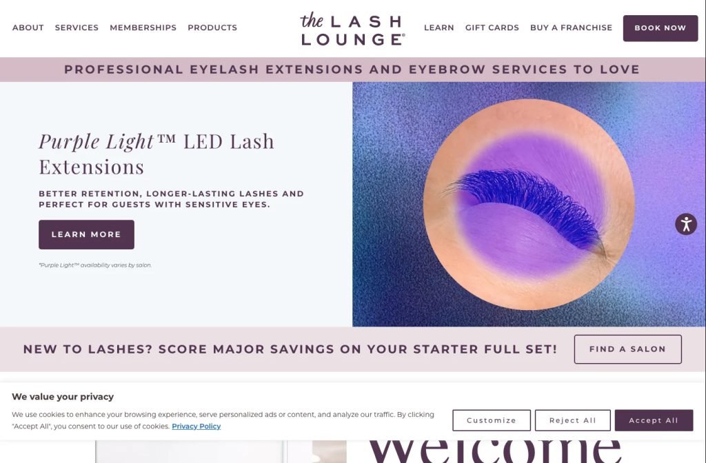 The Lash Lounge website homepage design