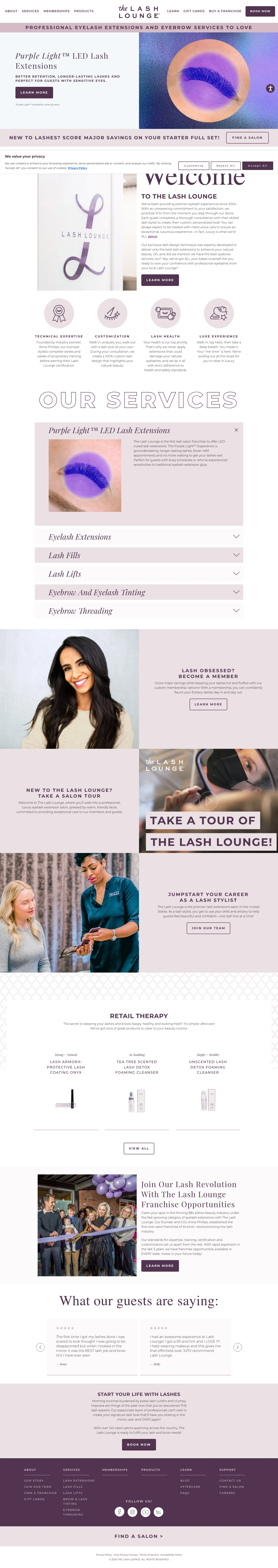 Full-length desktop screenshot of the The Lash Lounge website