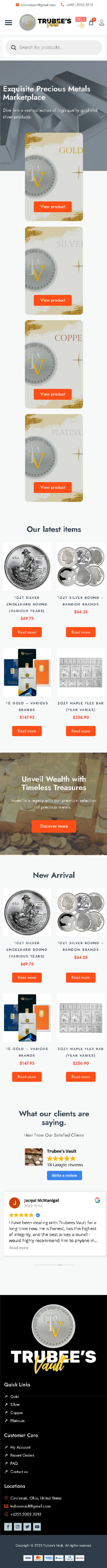 Full-length mobile screenshot of the Trubees Vault website