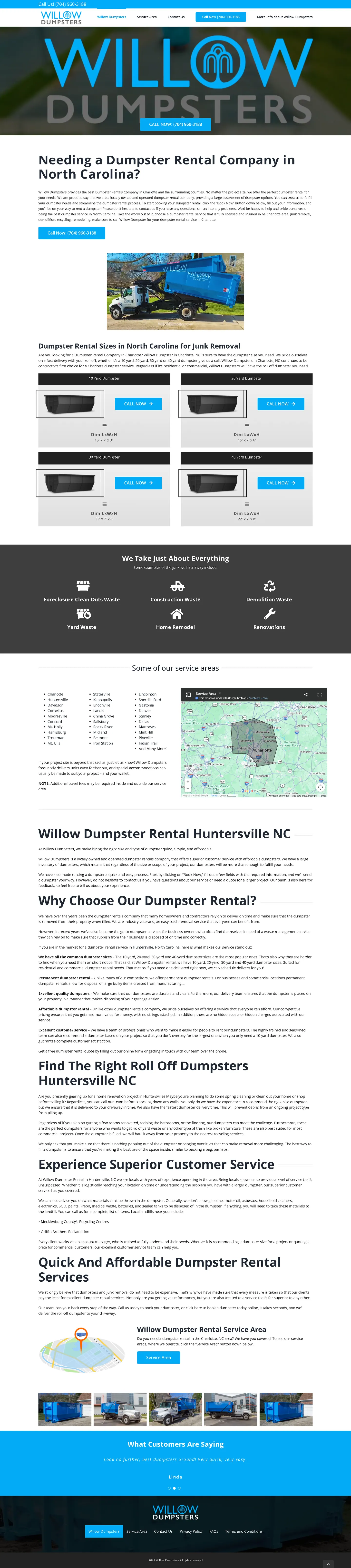 Full-length desktop screenshot of the Willow Dumpsters website