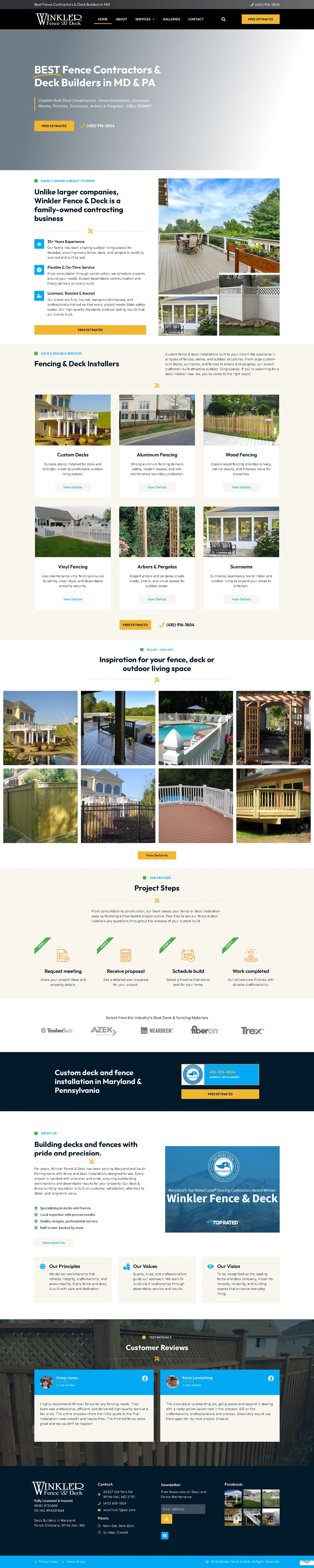 Full-length desktop screenshot of the Winkler Fence & Deck website