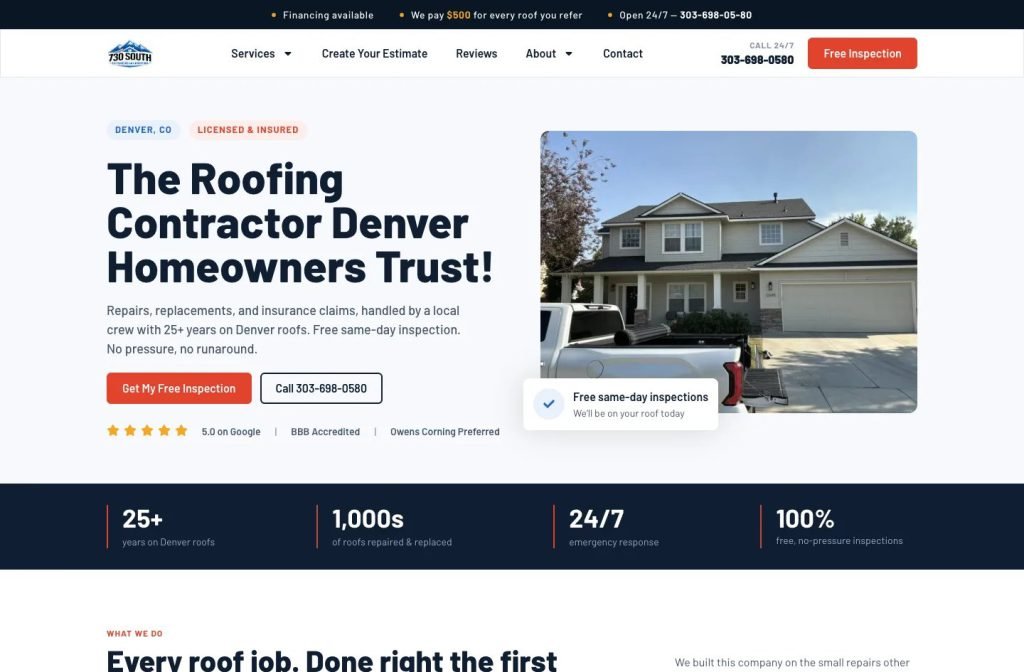730 South Exteriors website homepage design
