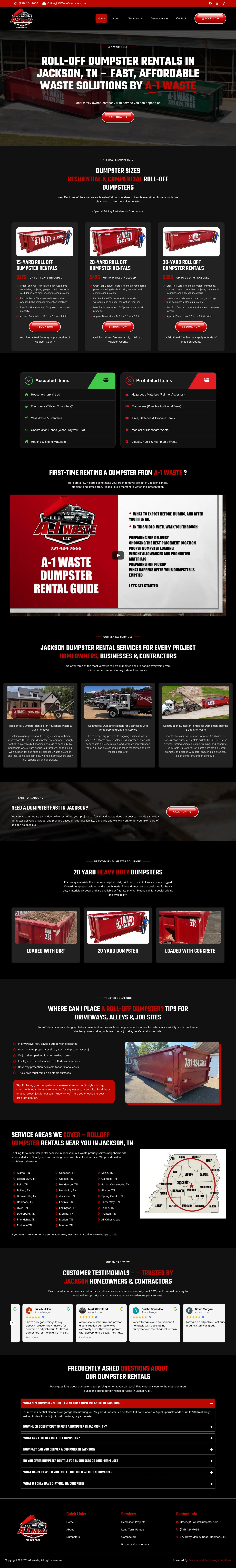 Full-length desktop screenshot of the A-1 Waste website