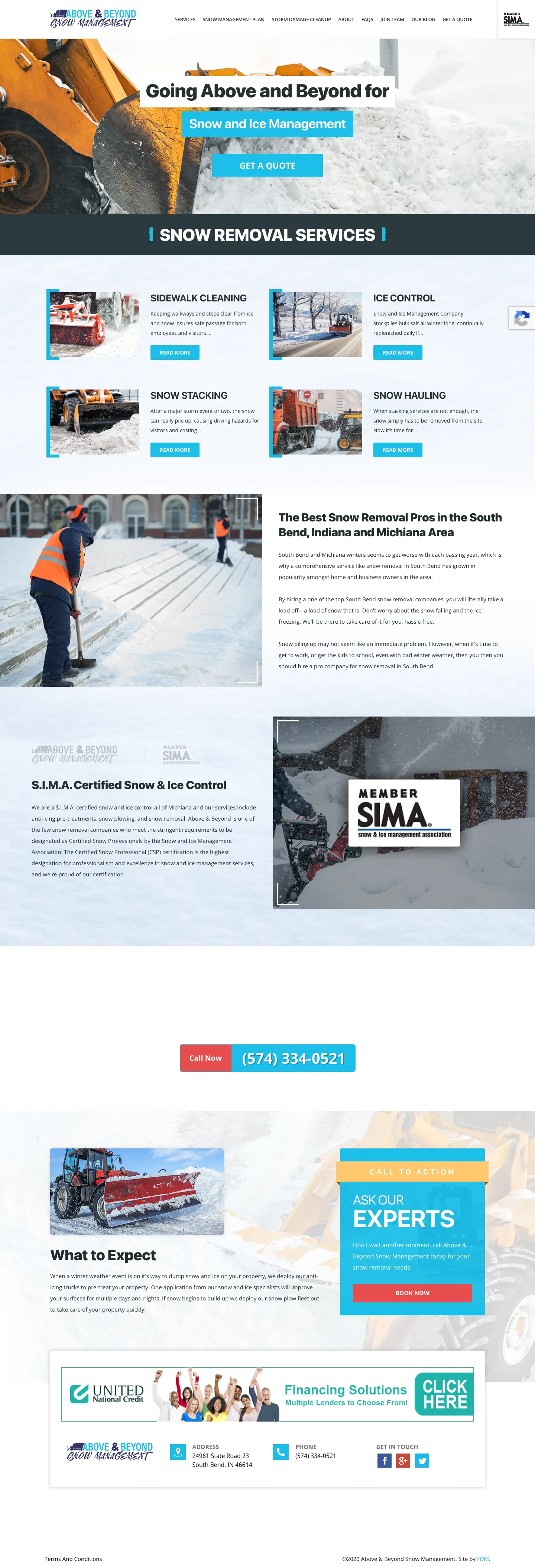 Full-length desktop screenshot of the Above & Beyond Snow Management website
