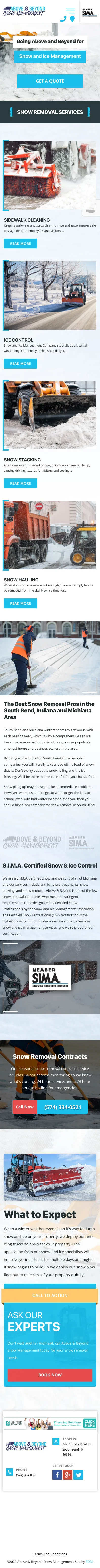 Full-length mobile screenshot of the Above & Beyond Snow Management website