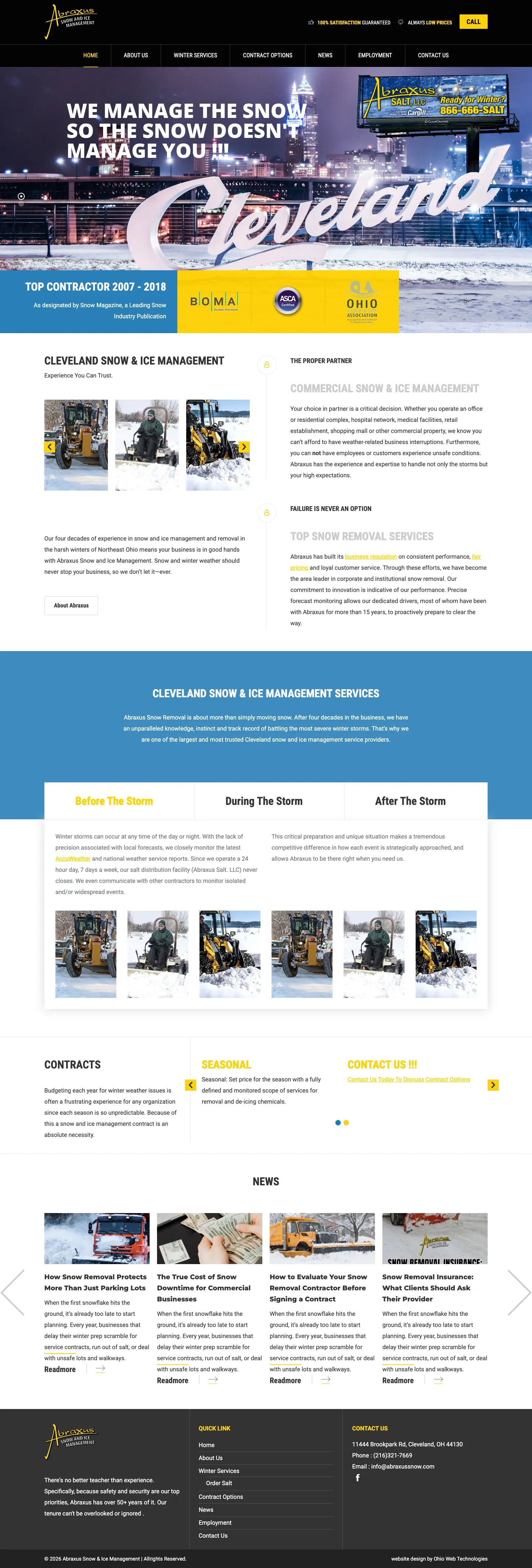 Full-length desktop screenshot of the Abraxus Snow & Ice Management website