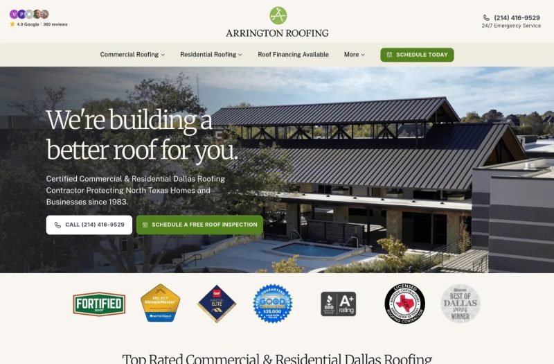 Arrington Roofing website homepage design
